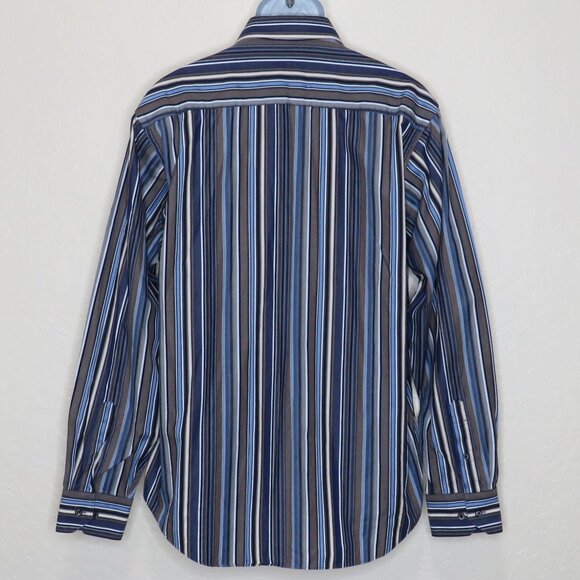 Bugatchi Uomo* Men's Long Sleeve Button Down Curved Hem Stripe Dress Shirt~Large - Picture 2 of 11